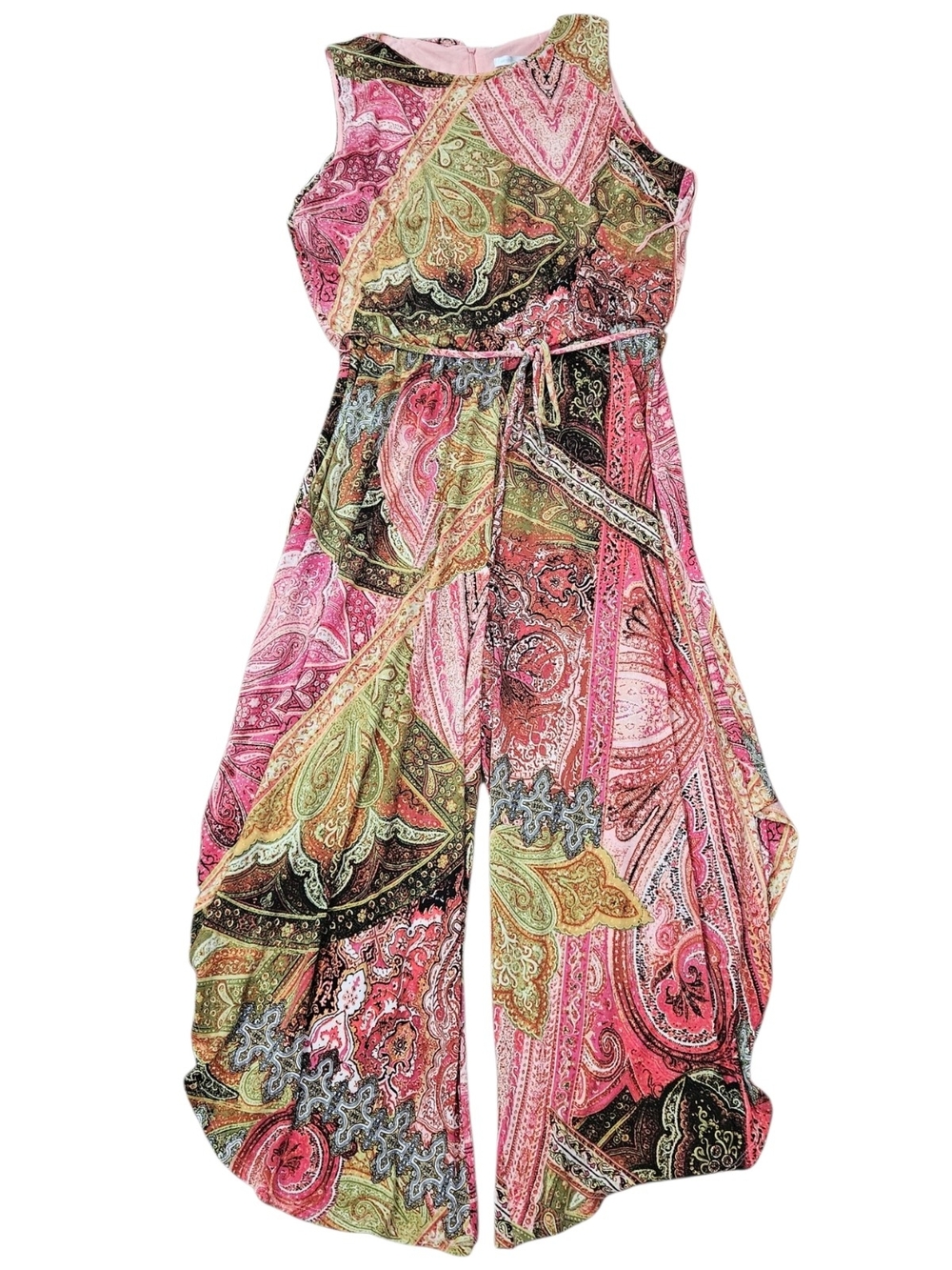 London Times Pink Paisley Sleeveless Tie-Waist Wide-Leg Jumpsuit